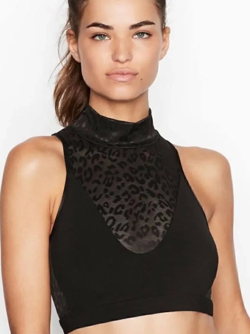 Victoria's Secret Black/Leopard Print Mesh
Panel Mock Neck Crop Top. Size Medium